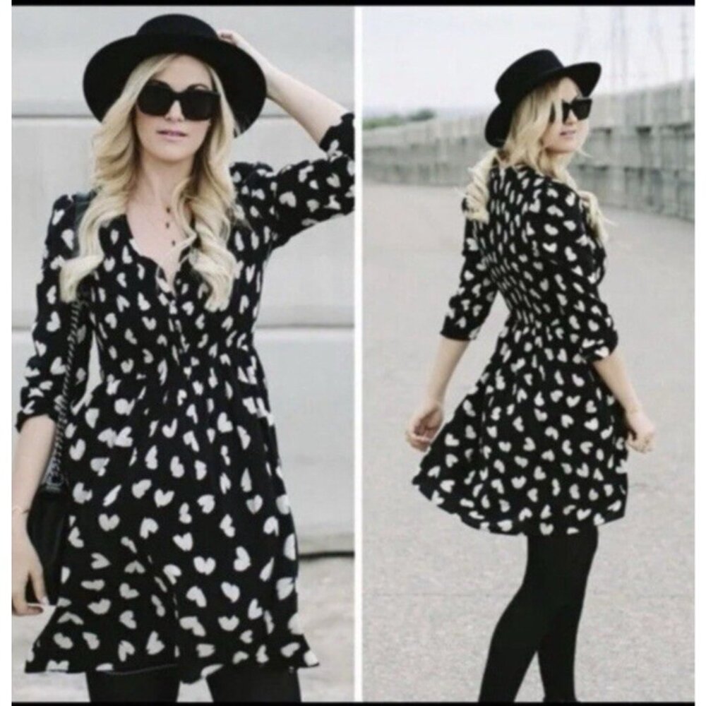 Anthropologie Maeve Dress S Small Cotton Washable Black Crean Hearts Long Sleeve - Picture 2 of 11